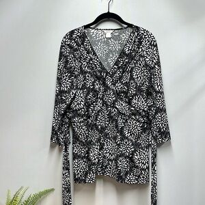 Christopher & Banks Black White Floral 3/4 Sleeve Blouse Top Tied Waist Sz XL